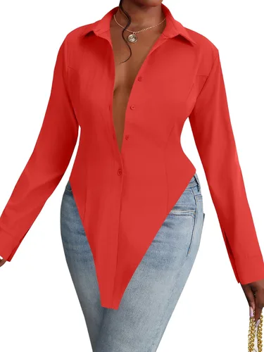 Vista 9 de OPOIPIN Blusa de manga larga con cuello en V para mujer, con botones, dobladillo con abertura
