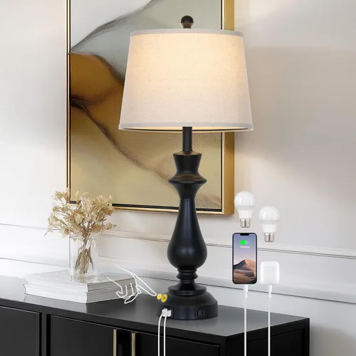 Vista 10 de Moderna lámpara de mesa plateada para sala de estar, lámpara de noche de 30 pulgadas de alto con puerto de carga USB, lámpara de mesita de noche
