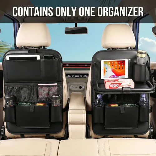 Vista 2 de Organizador de cuero para asiento trasero de automóvil con soporte para tableta, 9 bolsillos de almacenamiento grandes, bandeja plegable