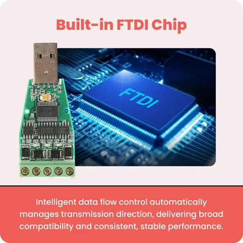 Vista 7 de Gearmo - Convertidor USB a RS485 con indicadores LED, chipset FTDI, conectores de terminales, protección ESD, soporte de SO ancho, compatible