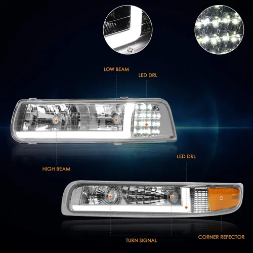 Vista 2 de PM PERFORMOTOR Faros delanteros de proyector de luz LED en forma de L de esquina ámbar de carcasa cromada compatibles con Silverado 99-02