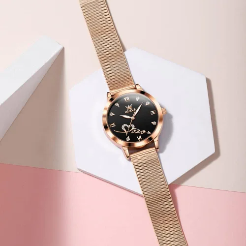 Vista 2 de OLEVS Relojes para mujer, correa de malla de oro rosa, vestido de moda, cuarzo japonés, impermeable, luminoso, para mujer, conjunto de pulseras