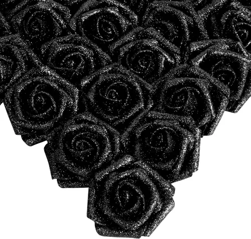 Vista 20 de IPOPU Rosas Negras con Purpurina, 50 PIEZAS Rosas Falsas con Purpurina Flores para Manualidades DIY Ramo de Boda Decoración de Casa y Fiesta (Negro)