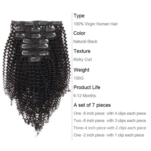 Vista 3 de ABH AMAZINGBEAUTY HAIR Kinkys - Extensiones de cabello rizado con clip, 3C y 4A, doble trama, cabello humano Remy real rizado para afroamericanos