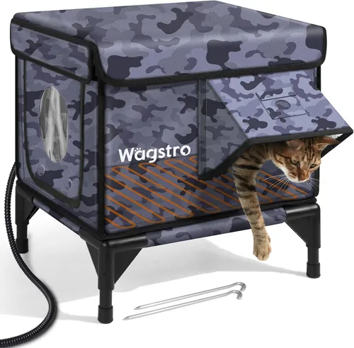 Vista 10 de Casa climatizada para gatos para exteriores, casa aislada a la intemperie para gatos al aire libre con aleros impermeables y puerta de escape
