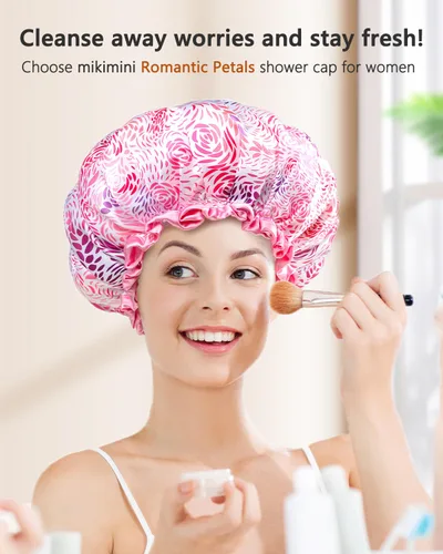 Vista 6 de mikimini Gorro de ducha grande para mujer, cabello largo, 1 paquete, diseño romántico de pétalos, doble capa impermeable, reutilizable, lavable