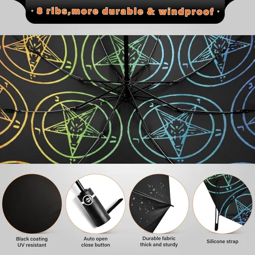 Vista 4 de UV Blocking Automatic Open Umbrella Baphomet-satanic-goat-gay-rainbow Portable Travel Folding Umbrellas with Cover Bag