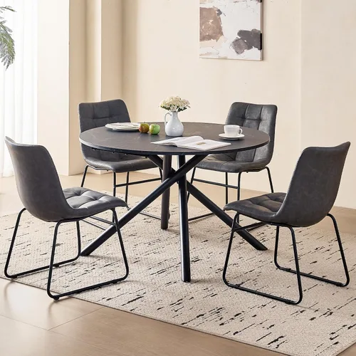 Vista 13 de Juego de mesa de comedor redonda de 47 pulgadas para 4, mesa redonda moderna de cocina, patas cruzadas de metal recubierto con 4 sillas de comedor