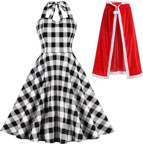 Vista 4 de OBEEII Vestido de Navidad para niños, niñas y mujeres, vestido de fiesta a cuadros y capa de terciopelo a juego para mamá y yo