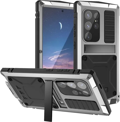 Vista 10 de Funda de metal para Samsung Galaxy S24 con protector de pantalla con función atril, funda para cámara S24, resistente armadura militar duradera