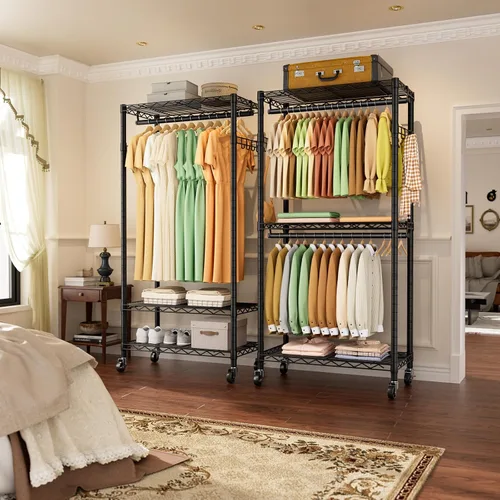 Vista 2 de Estante para ropa resistente con ruedas, estante enrollable para prendas, estantes ajustables de alambre de 3 niveles para colgar ropa con barras