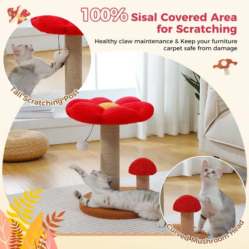 Vista 2 de PETEPELA Poste rascador para gatos, rascador para gatos en forma de hongo, bonita torre de árbol para gatos con poste rascador grueso y cama