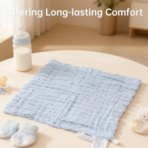Vista 4 de Toallitas de muselina orgánicas para bebé, paquete de 6, toalla de baño y cara de 12x12 pulgadas, extra absorbente y suave, para bebés recién Azul