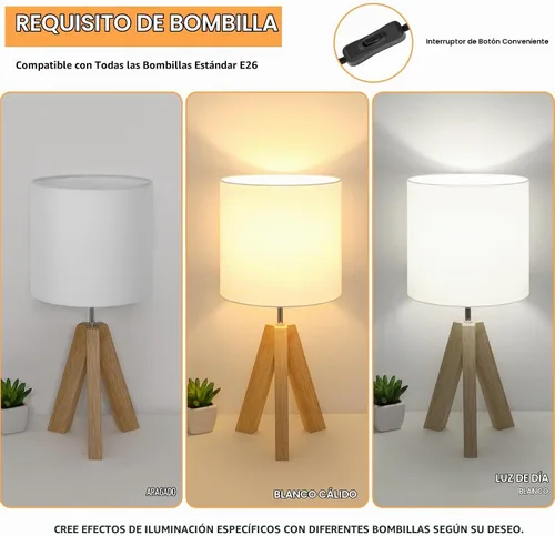 Vista 2 de Brightever - Lámpara de mesa pequeña con trípode de madera con pantalla de tela blanca, bonita mesita de noche bohemia minimalista lámpara