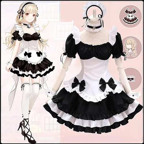 Vista 2 de GRAJTCIN Disfraz de sirvienta francesa de anime para mujer disfraz de cosplay de Lolita con calcetines