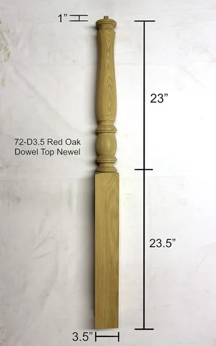 Vista 2 de 72-D3.5 Red Oak Dowel Top Newel 3 1/2" x 3 1/2" x 47 1/2", serie 6701, poste de escalera de madera dura, estilo redondo..