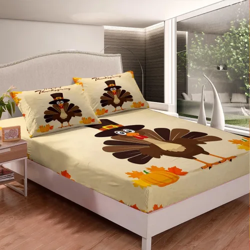 Vista 4 de Erosebridal Lindo juego de sábanas de pavo tamaño individual para niños y niñas, juego de sábanas de cosecha de Acción de Gracias, decoración