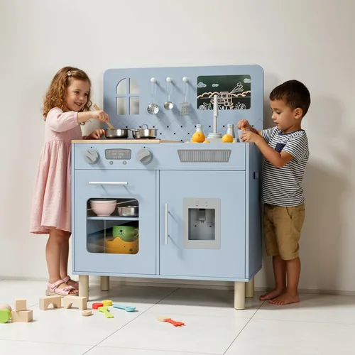 Vista 7 de Arlopu Juego de cocina de madera para niños con pizarra, luces y sonidos realistas, cocina interactiva con estufa, dispensador de agua, 6 utensilios