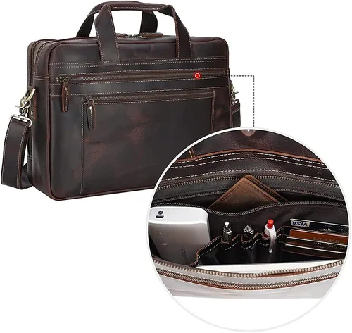 Vista 3 de TIDING Maletín de cuero genuino de 17 pulgadas para portátil de mensajero para hombres de negocios de viaje bolsa de hombro