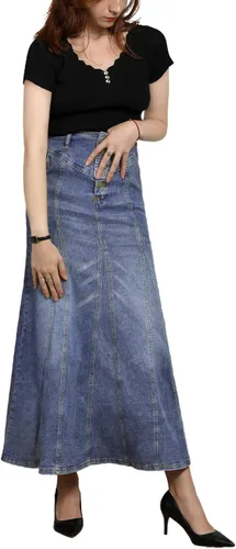 Vista 4 de CHARTOU Falda larga de mezclilla para mujer, estilo retro, con botones y vuelos a la cadera, acampanada