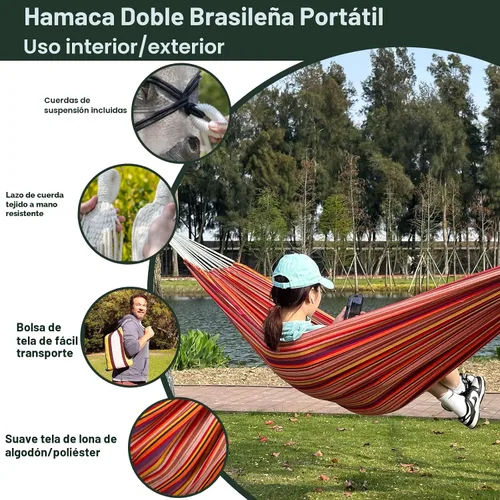 Vista 3 de JoyView Hamaca doble brasileña con cuerdas colgantes, extragrande de 86.6x59" hamaca portátil de algodón para patio, jardín, porche, capacidad