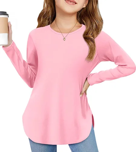 Vista 16 de Arshiner - Camisetas de manga larga para niñas, cuello redondo, dobladillo curvo, abertura lateral, básicas, casuales, de ajuste holgado, tipo