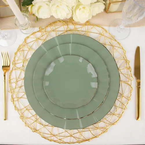 Vista 93 de Tableclothsfactory Paquete de 10 platos redondos de plástico negro de 6 pulgadas para ensalada de postre, platos desechables con borde ondulado