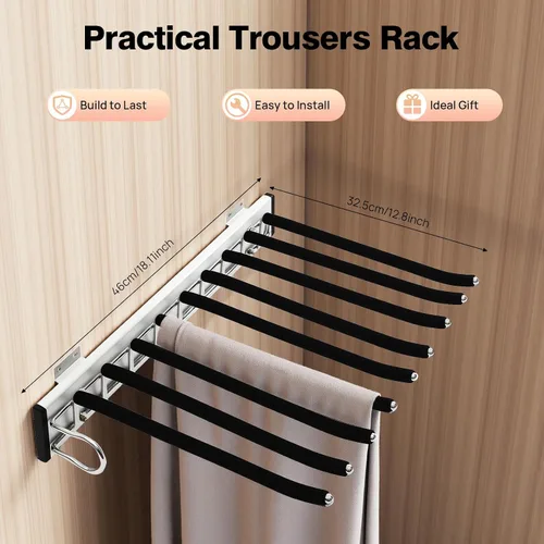 Vista 2 de Perchero extraíble para pantalones con 9 brazos, percha de acero para pantalones, perchero extraíble, riel extensible para ahorrar espacio