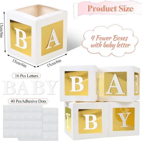 Vista 2 de 4 Piezas Cajas de Flores para Baby Shower Centros de Mesa Decoración Dorada Bloque de Bebé Soporte Floral Centro de Mesa Baby In Bloom Revelación