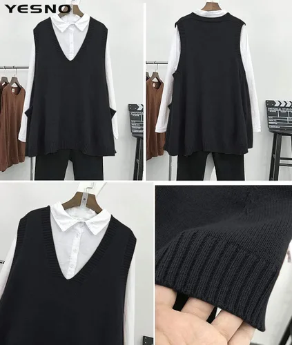 Vista 4 de YESNO Sweater Vest Women Loose Swing Cotton Cute Oversized Knit Pullover Sleeveless Sweater Tops with Drop Pockets WM9