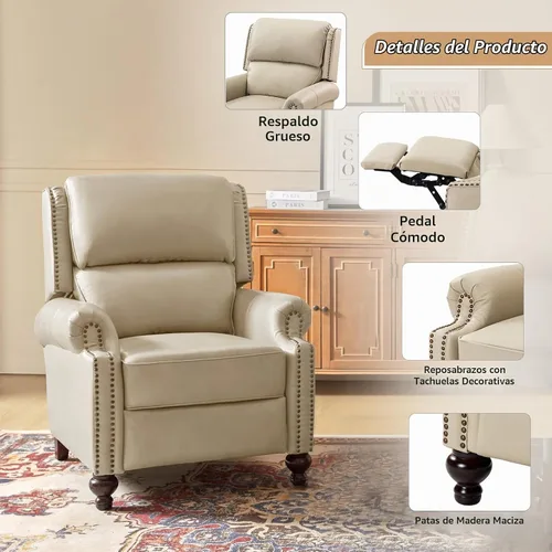 Vista 4 de HULALA HOME - Silla reclinable de piel auténtica, color beige