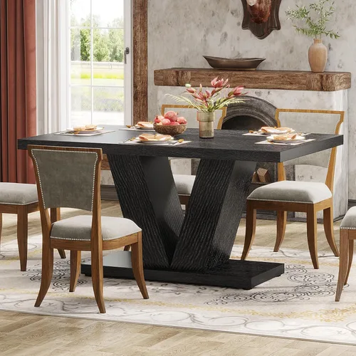 Vista 5 de Tribesigns Mesa de comedor de 47 pulgadas para 4, mesa de comedor de cocina negra con pedestal resistente, mesa de comedor de madera de granja