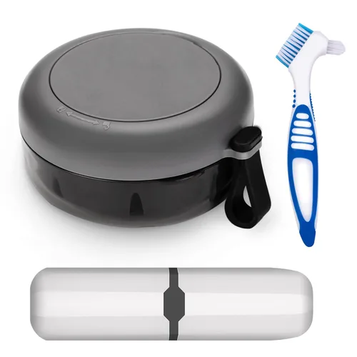 Vista 9 de Estuche de dentadura postiza, definitivamente sin fugas, caja de baño para dentadura para viajar perfectamente, taza de dentadura con colador y Negro