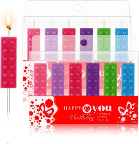 Vista 7 de Riyiper 12 velas de bloque de construcción, velas de pastel de cumpleaños, selección de bloques de construcción, suministros de cumpleaños