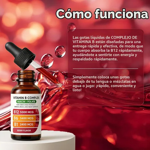 Vista 6 de Complejo de vitamina B12 con suplemento líquido de frambuesa B1, B6, vitamina B12, vitamina esencial 5 en 1 complejo de vitamina B, función