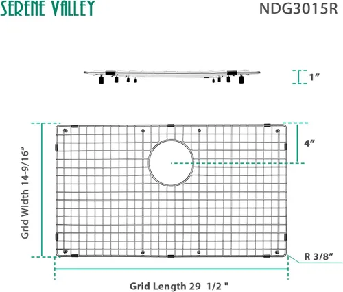 Vista 2 de Serene Valley Rejilla inferior del fregadero 29-1/2" X 14-9/16", drenaje trasero con radio de esquina 3/8", protector de fregadero NDG3015R