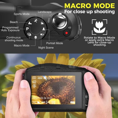 Vista 4 de Cámara digital con lente macro y gran angular 48MP 4K Autofocus Vlogging Cámara para fotografía Pantalla de 3.0 pulgadas Cámara compacta