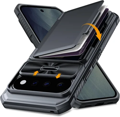 Vista 24 de CENMASO - Funda para Google Pixel 9 Pro XL con tarjetero (4 tarjetas), funda deslizante para cámara y función atril, bloqueo RFID, protección