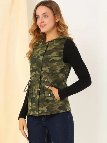 Vista 4 de Allegra K Chaleco de camuflaje con capucha y cordón en la cintura para mujer