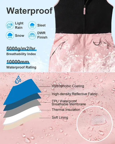 Vista 3 de Pursky Pantalones de nieve para niños, baberos de esquí de invierno para niña, con aislamiento, impermeables, pantalones de nieve de forro polar