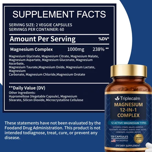 Vista 2 de Complejo de magnesio 12 en 1 para mujeres y hombres, suplemento de magnesio de alta absorción de 1000 mg con glicinato, citrato, malato y taurato