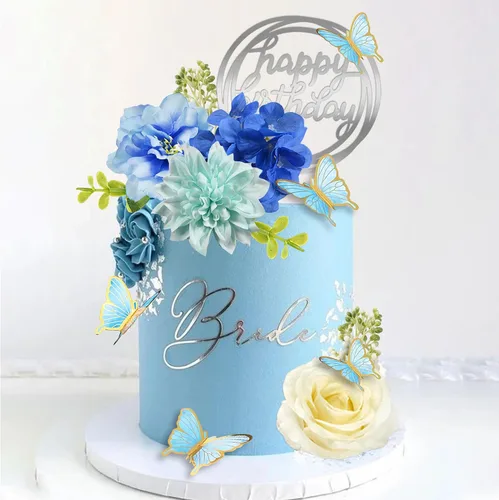Vista 5 de 19 piezas de decoración de mariposa para pasteles, decoración de feliz cumpleaños con rosas azules artificiales, mariposas de eucalipto, suministros