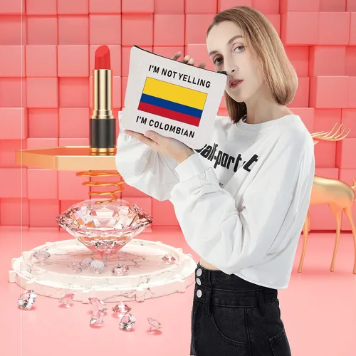 Vista 5 de LEVLO Divertidas bolsas de cosméticos con la bandera de Colombia, recuerdos, no estoy gritando, soy colombiano, bolsas de maquillaje con la bandera