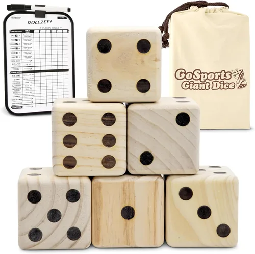 Vista 8 de GoSports Juego de dados gigantes de madera con marcador Rollzee y Farkle, incluye 6 dados, marcador de borrado en seco y bolsa de lona, elige dados