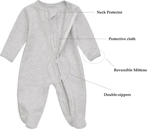 Vista 3 de Aablexema Pijama de bebé con puños de manopla, doble cremallera, ropa de algodón para bebés, pijamas para dormir con pies