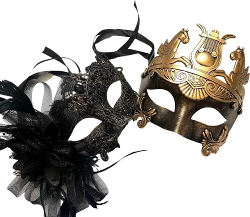 Vista 17 de MASQ Par de máscaras de encaje brocado para mascarada, Mardi Gras, cumpleaños, graduación, boda, fiesta Bk Lace W Pluma