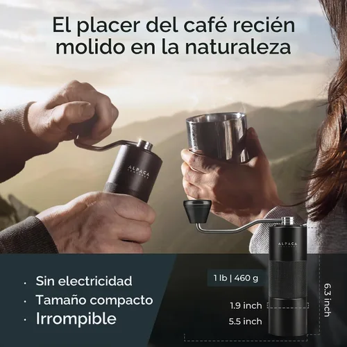 Vista 6 de Molinillo de café manual de Alpaca Ventures - Molinillo de café manual de rebaba cónica de acero inoxidable con configuración ajustable y doble