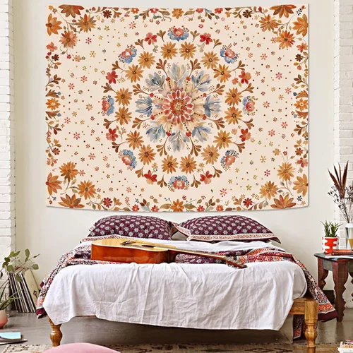 Vista 4 de Fowocu Tapiz bohemio con mandala floral para colgar en la pared, medallón de flores bohemias, tapiz estético, beige, naranja, hippie, indio, pequeño