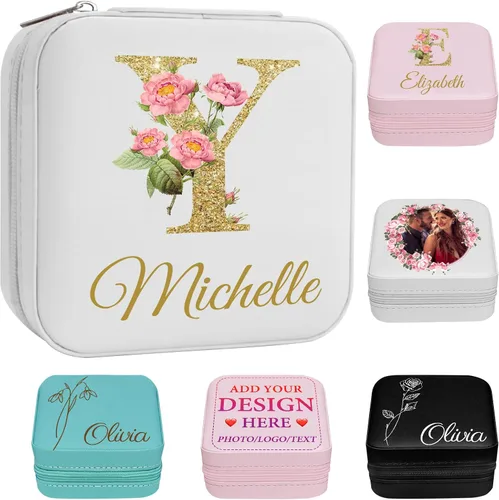 Vista 19 de Joyero personalizado para regalos de dama de honor, flor de nacimiento, inicial, joyería de viaje personalizada para mujeres, organizador de joyas