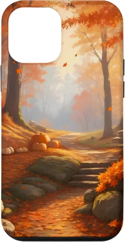 Vista 16 de iPhone 13 Pro Max Idílica escena del bosque de otoño, hojas de otoño, funda de calabazas